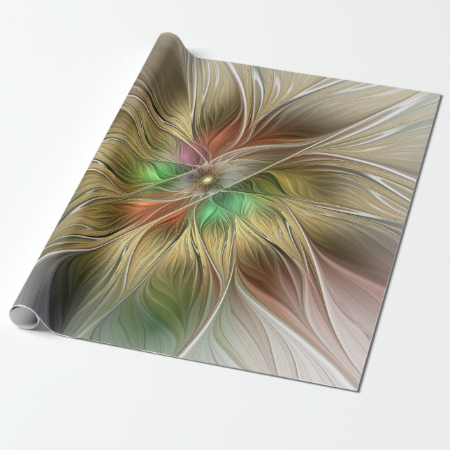 Floral Fantasy With Gold Modern Abstract Fractal Wrapping Paper (Unrolled)