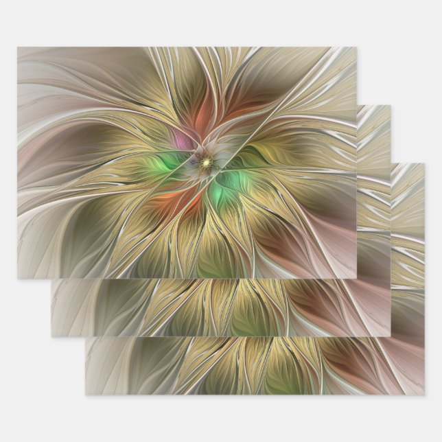 Floral Fantasy With Gold Modern Abstract Fractal Wrapping Paper Sheet (Set)