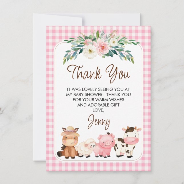 Floral Farm Animals Baby Shower Thank You Card (Front)