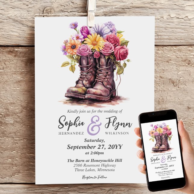 Floral Farm Boots Rustic Country Barn Wedding Invitation (Creator Uploaded)