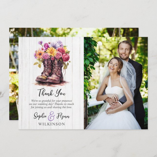 Floral Farm Boots Rustic Wedding Thank You Card (Front/Back)
