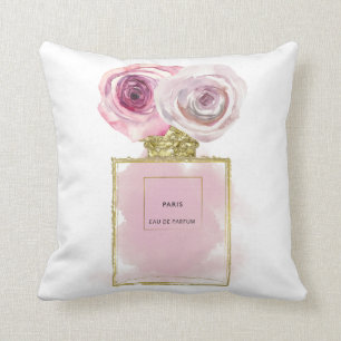 Floral Fashion Perfume Bottle Pink Roses Gold Glam Cushion