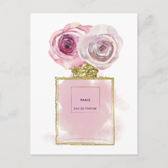 Floral Fashion Perfume Bottle Pink Roses Gold Glam Postcard (Front)