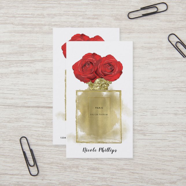 Floral Fashion Perfume Bottle Red Roses Gold Glam Business Card (Front/Back In Situ)