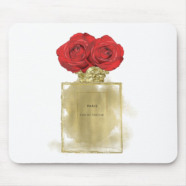 Floral Fashion Perfume Bottle Red Roses Gold Glam Mouse Pad (Front)