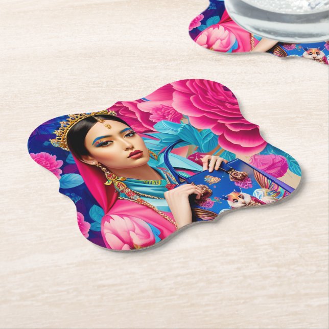 Floral fashion princess with handbag paper coaster (Angled)