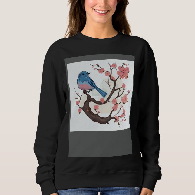 Floral Fauna Eastern Blue Bird Pink Cherry Blossom Sweatshirt (Front)
