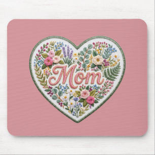 Floral Faux Embroidery Heart Mum Mouse Pad