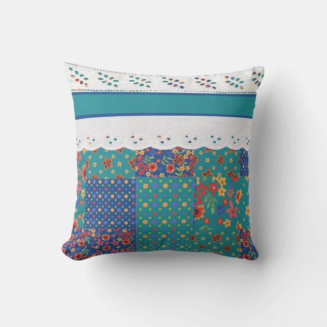 Floral Faux Patchwork on Teal, Faux Lace Pillow (Front)