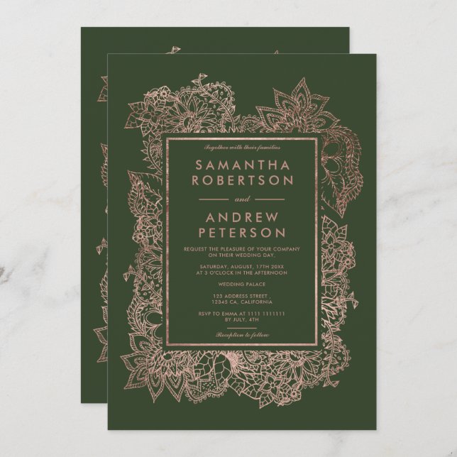 Floral faux rose gold frame hunter green wedding invitation (Front/Back)