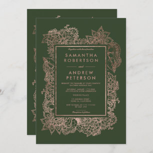 Floral faux rose gold frame hunter green wedding invitation