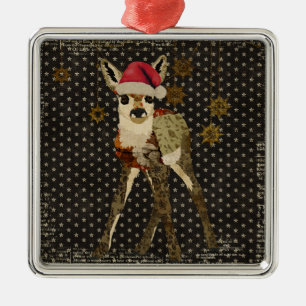 Floral Fawn Christmas Black Stars Ornament