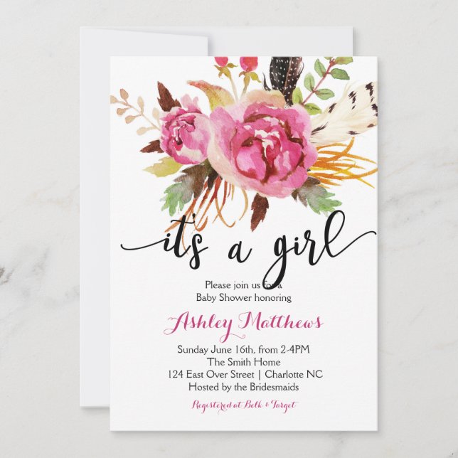 Floral feathers Floral Baby Shower Invitation (Front)