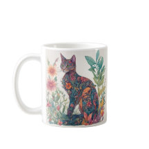 Floral Feline Cat Colourful Illustrated Mug