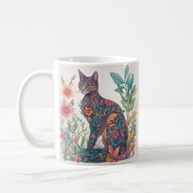 Floral Feline Cat Colourful Illustrated Mug (Left)