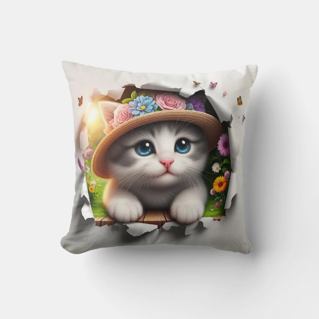 Floral Feline Fantasy: A Whimsical Cat Portrait Cushion (Front)