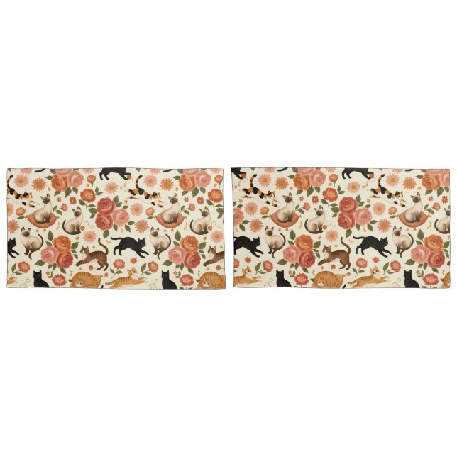 Floral Felines: Cozy Cats & Blooms Pattern Pillowcase (Back-Set)