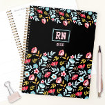 Floral Feminine Black Pink Blue Colourful Monogram Planner<br><div class="desc">A lovely colourful and feminine floral planner in pink,  blue happy colours on the black background. Easily personalise the text. Also,  you can easily change the background to any colour you like using the editing tool by clicking on the background button. - Kate Eden Art</div>