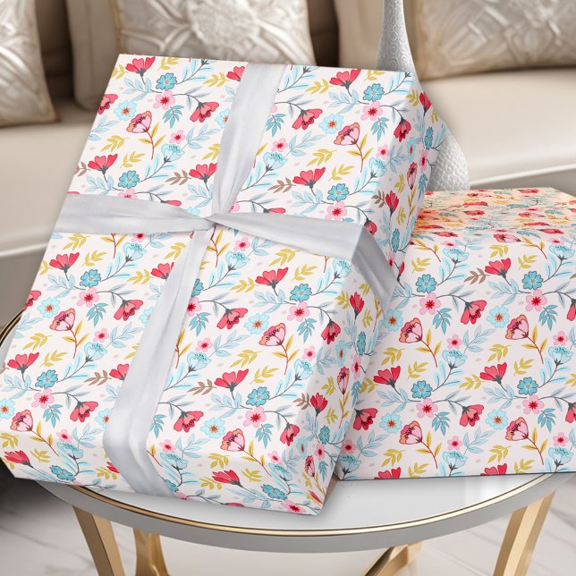Floral Feminine Colourful Pink Blue Summer Birthda Wrapping Paper (Floral Feminine Colorful Pink Blue Summer Birthday Wrapping Paper)