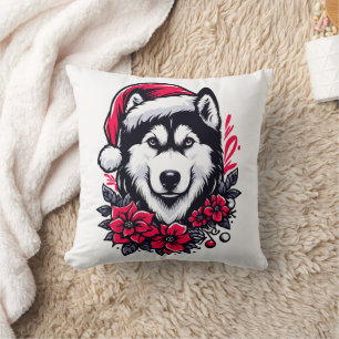 Floral Festive Husky Dog with Santa Hat Xmas Puppy Cushion