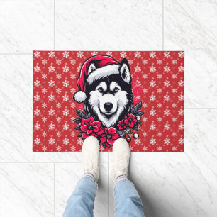 Floral Festive Husky Dog with Santa Hat Xmas Puppy Doormat