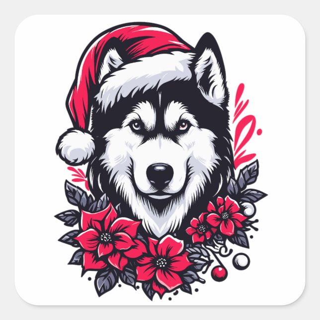Floral Festive Husky Dog with Santa Hat Xmas Puppy Square Sticker (Front)
