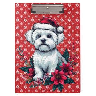 Floral Festive Maltese Dog with Santa Hat Xmas Dog Clipboard