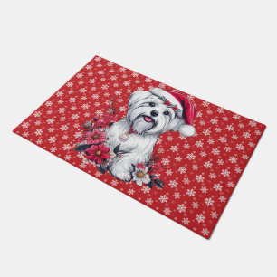 Floral Festive Maltese Dog with Santa Hat Xmas Dog Doormat