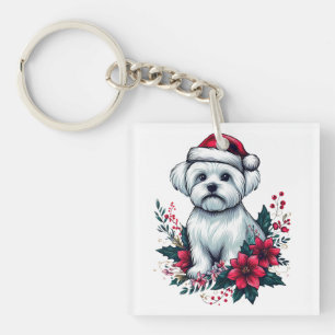 Floral Festive Maltese Dog with Santa Hat Xmas Dog Key Ring