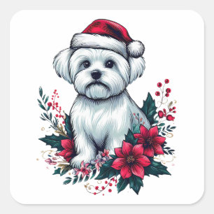 Floral Festive Maltese Dog with Santa Hat Xmas Dog Square Sticker