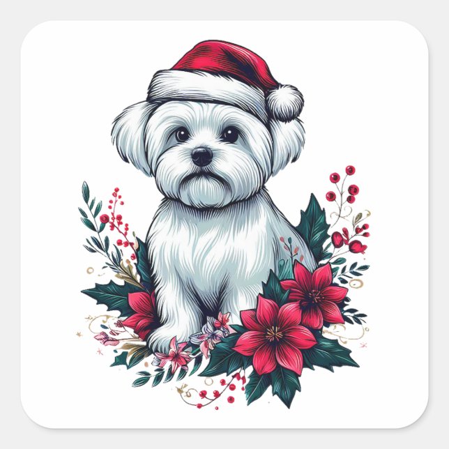 Floral Festive Maltese Dog with Santa Hat Xmas Dog Square Sticker (Front)