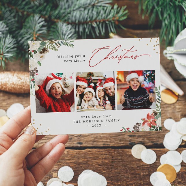 Floral Festivities: Modern Merry Christmas 3 Photo Holiday Card (Creator Uploaded)