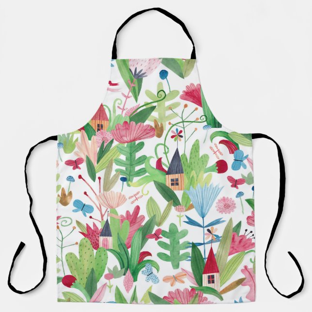 Floral Fields: Watercolor Houses Pattern Apron (Front)