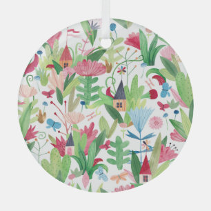 Floral Fields: Watercolor Houses Pattern Glass Tree Decoration