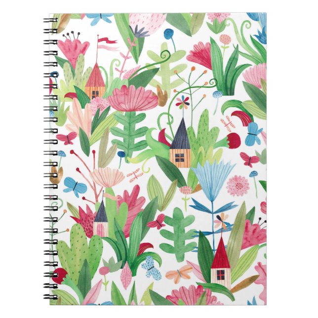 Floral Fields: Watercolor Houses Pattern Notebook (Front)