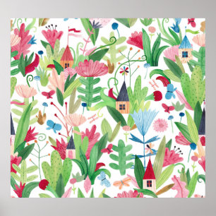 Floral Fields: Watercolor Houses Pattern Poster