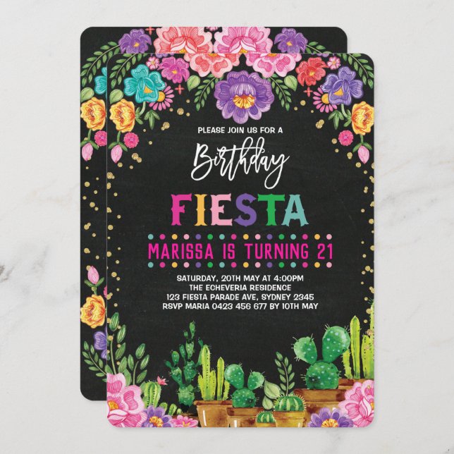 Floral Fiesta Birthday Party Mexican Flower Invite (Front/Back)