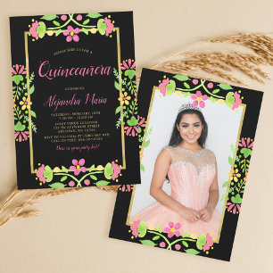 Floral Fiesta Black Gold Quinceanera Photo Invitation