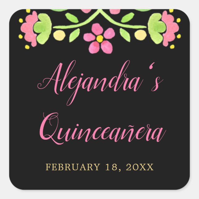 Floral Fiesta Black Gold Quinceanera Square Sticker (Front)