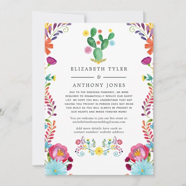 Floral Fiesta Virtual Wedding Reduced Guest List Announcement (Front)
