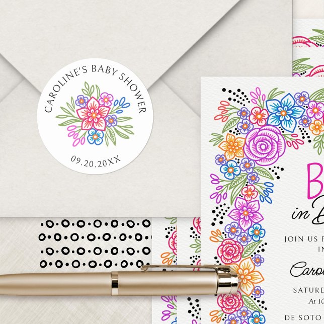 Floral Fiesta Vivid Baby Shower Classic Round Sticker (Creator Uploaded)