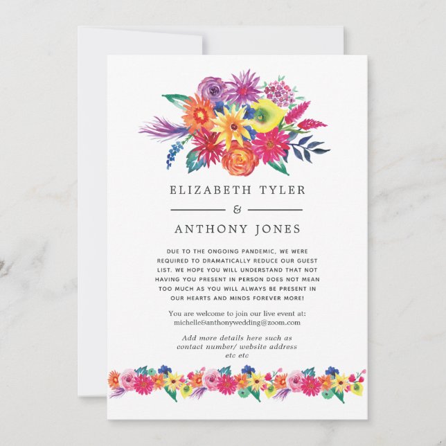 Floral Fiesta Wedding Reduced Guest List Announcement (Front)