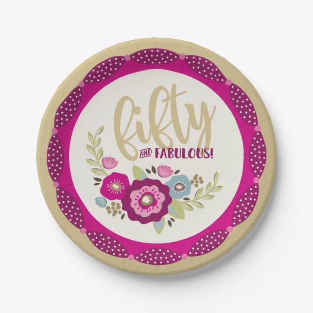 Floral Fifty and Fabulous Pink Gold Birthday Paper Plate (Front)