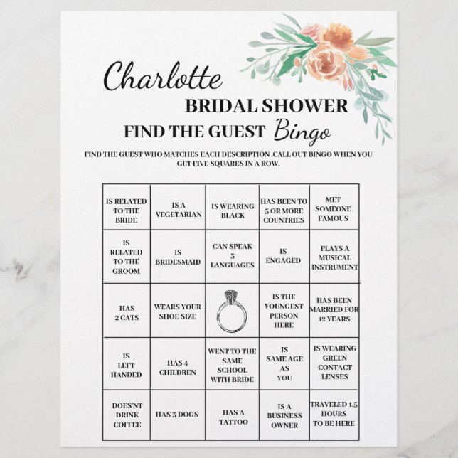 Floral Find The Guest Bridal Shower Bingo Flyer (Front)