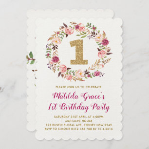 Floral First 1st Birthday Girl Party Invitation
