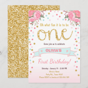 Floral First birthday invite Girl Pink Gold Roses