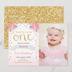 Floral First birthday invite Girl Pink Gold Roses