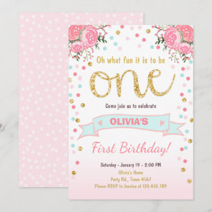 Floral First birthday invite Girl Pink Gold Roses