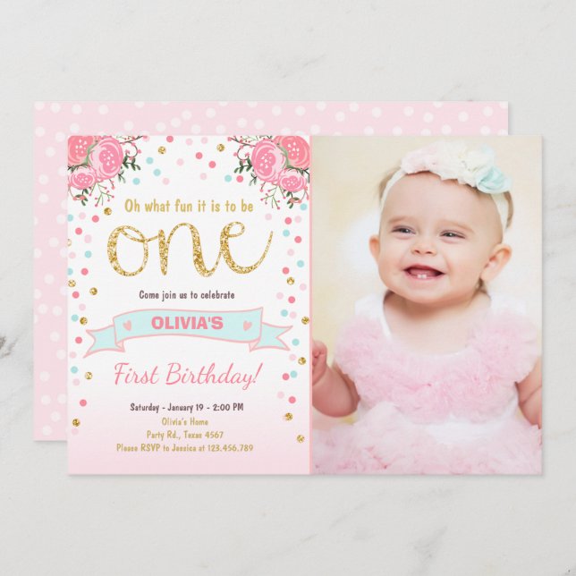 Floral First birthday invite Girl Pink Gold Roses (Front/Back)