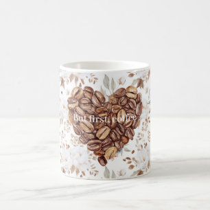 Floral First Coffee Beans Heart Mug